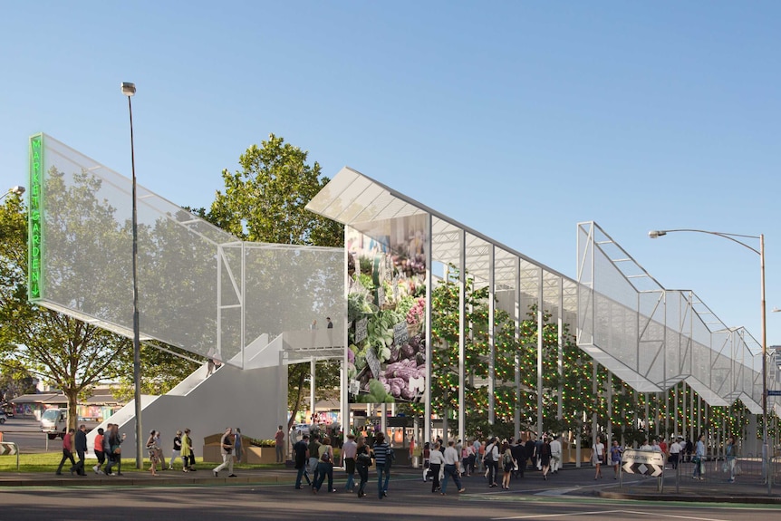 An artist's impression of a new temporary pavilion for traders at Queen Victoria market.