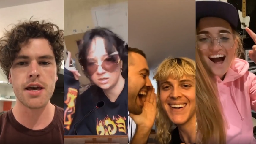 A collage of Vance Joy, Mallrat, Cub Sport, and G Flip in a parody of Gal Gadot's 'Imagine'