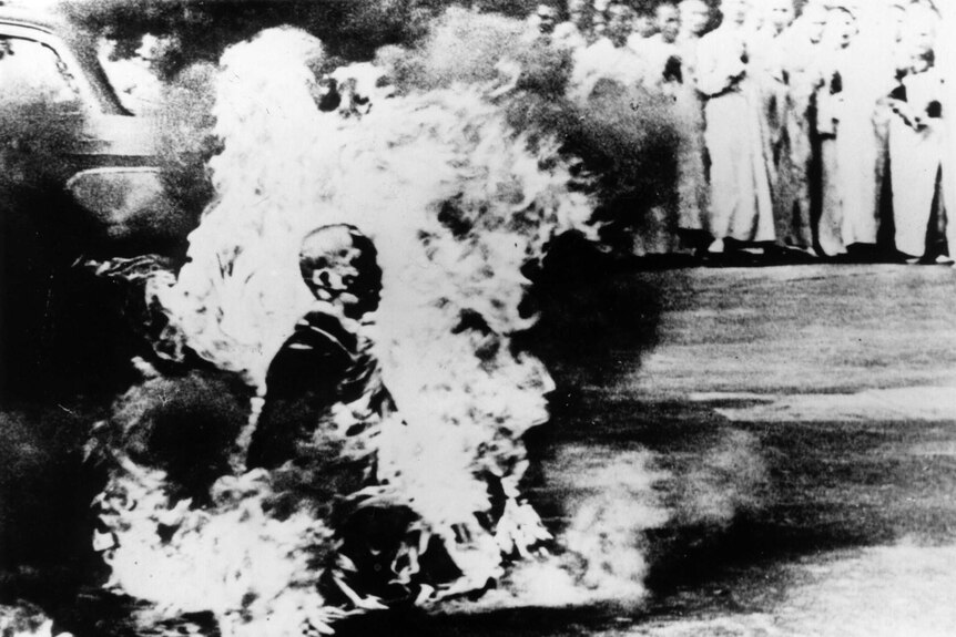 A Buddhist monk makes the ultimate protest in Saigon by setting himself alight, June 11, 1963.