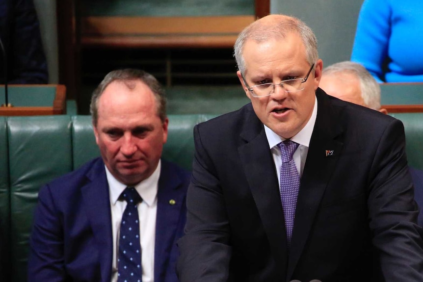 Christopher Pyne and Barnaby Joyce sit either side of Scott Morrison as he delivers the 2017 federal budget