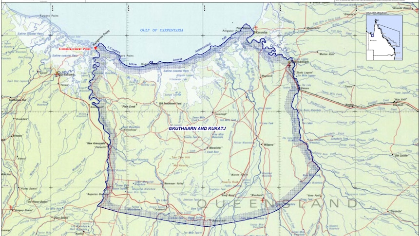 A map shows the Carpentaria Gulf region and the native title application area submitted by the Gkuthaarn and Kukatj people.