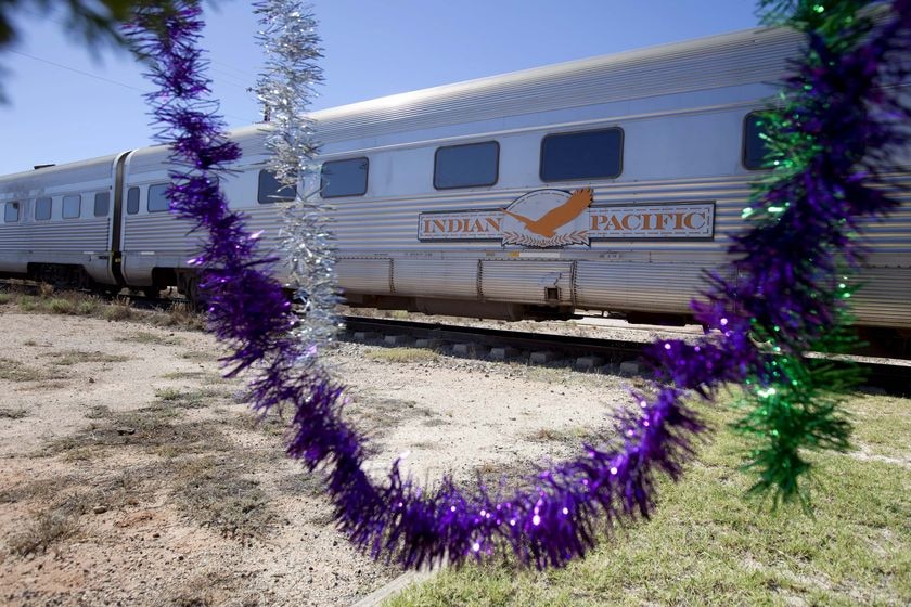 The Indian Pacific Christmas train passes some tinsel in Rawlinna