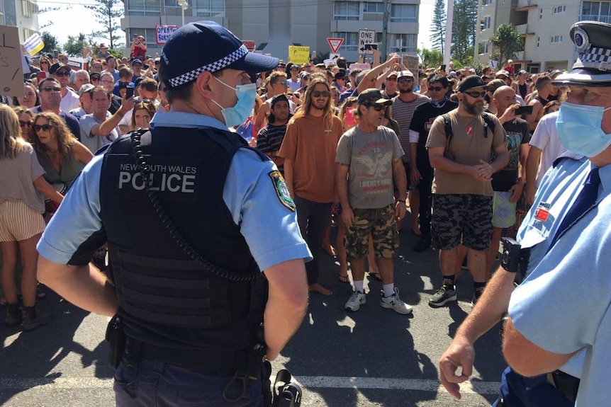 Police officers stand in front of a large crowd of protesters.