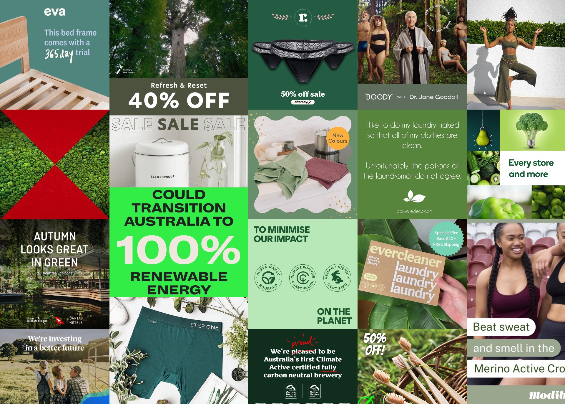 A patchwork of green-coloured advertising images.