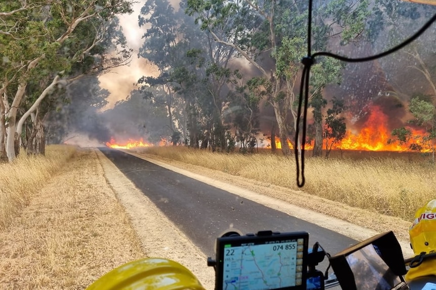 A long line of flames in grass and scrub seen through the windscreen of a fire truck.