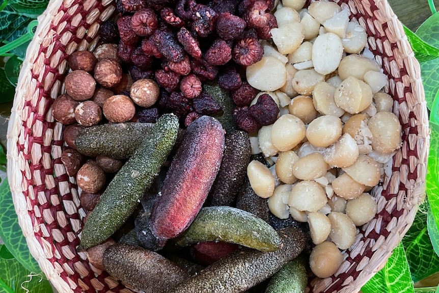 A basket of finger lime, macadamias, native raspberries and sandalwood nuts.