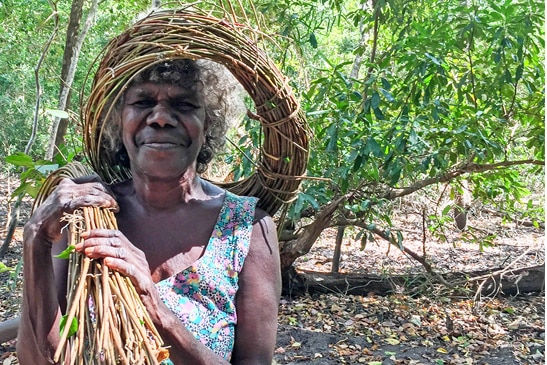 Milingimbi artist Lily Roy harvesting grass and wood to make weaved baskets in Arnhem Land