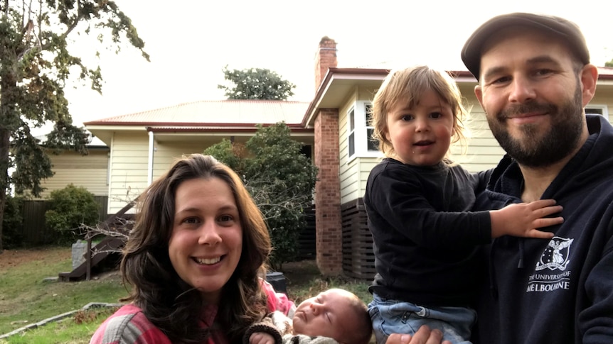 Jarred Holt with his wife and two children, for a story about housing in Castlemaine.