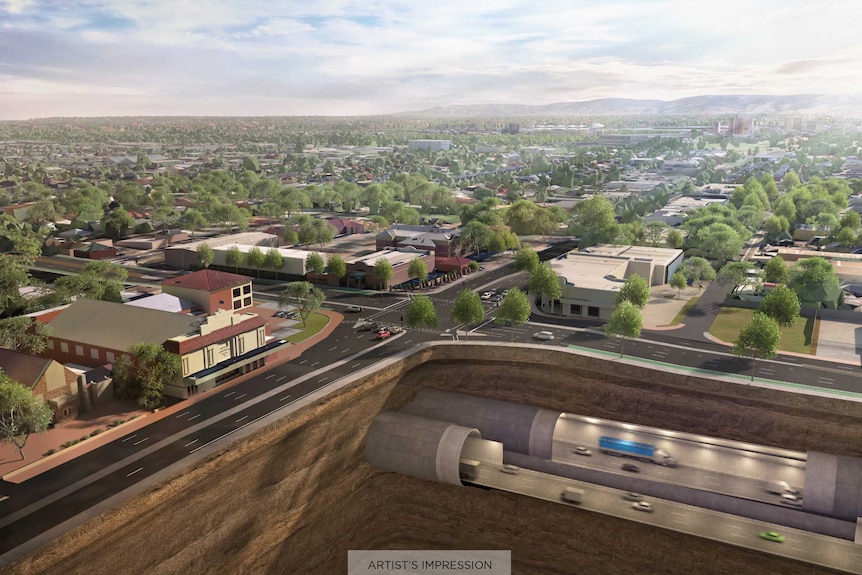 An artist's rendering of two road tunnels under another road and historic buildings