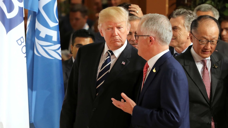 Donald Trump and Malcolm Turnbull after the family picture on the first day of the G20 leaders summit in Hamburg.