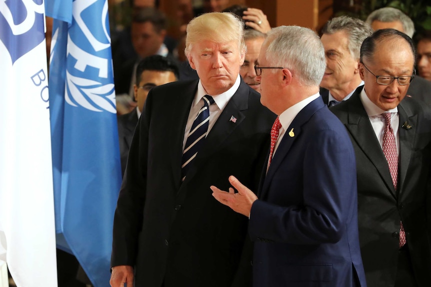 Donald Trump and Malcolm Turnbull after the family picture on the first day of the G20 leaders summit in Hamburg.