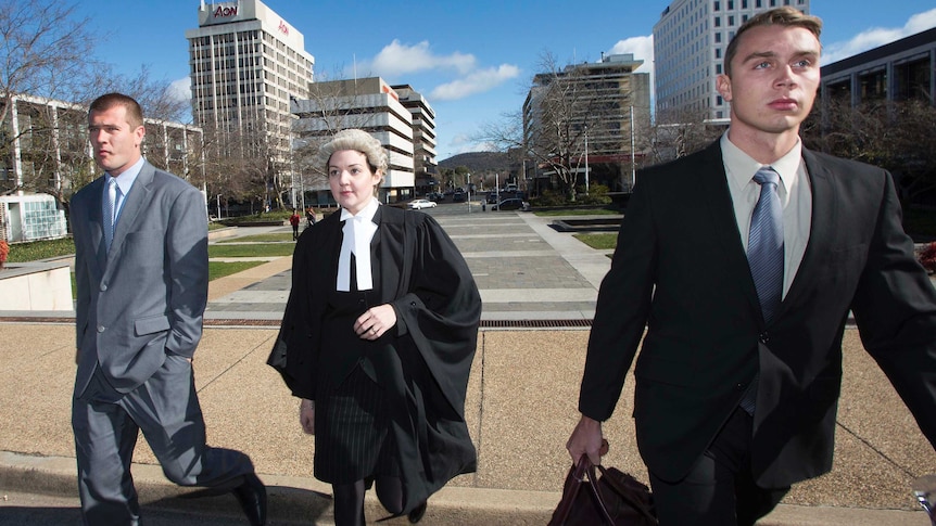 Daniel McDonald and Dylan Deblaquiere arrive at court on Tuesday.