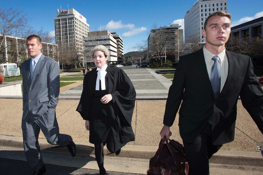 Former ADFA cadets Daniel McDonald (left) and Dylan Deblaquiere arrive at court