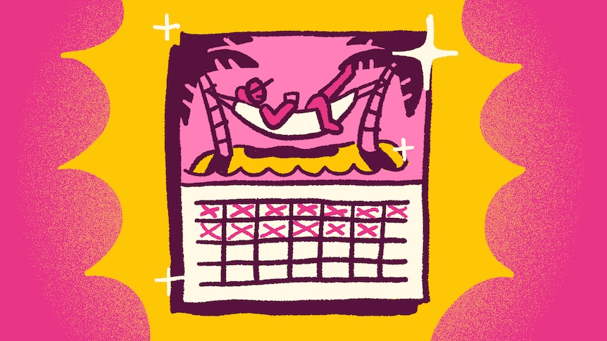 An illustration shows a person in a hammock on the beach and a calendar with dates crossed off.