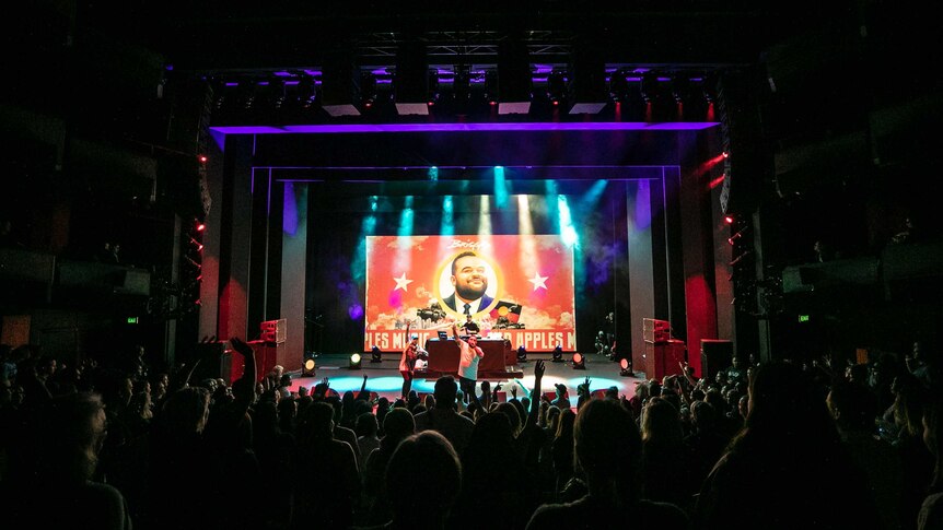 Colour photo of rappers Briggs and Nooky on stage at the Sydney Opera House.