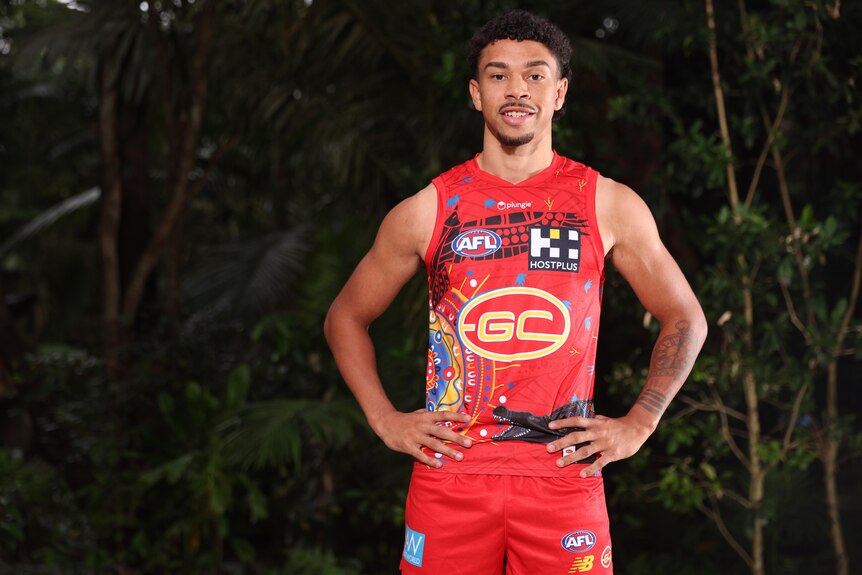 Malcolm Rosas Jnr wearing the Gold Coast Suns Sir Doug Nicholls Indigenous round jersey for 2022.