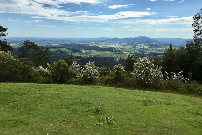 Blue skies and rolling hills in a scenic view of Scottsdale, Tasmania.