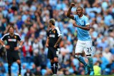 Manchester City's Fernandinho celebrates his team's second goal against Watford.