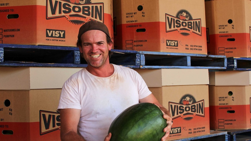 a man holding a watermelon in front of cardboard boxes