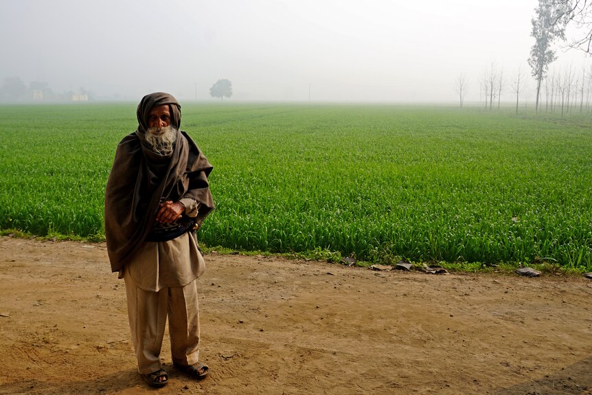 A man stands in front of a field. 