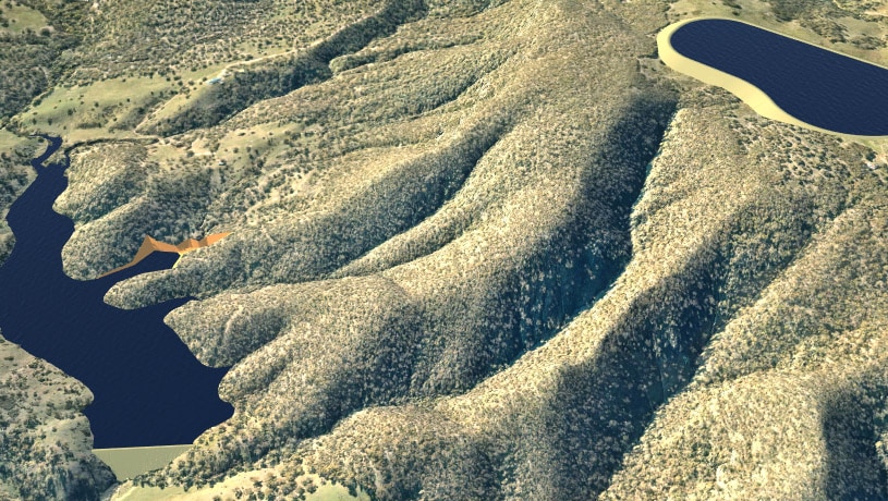 A computer-generated image of two dams full of water on a hill.