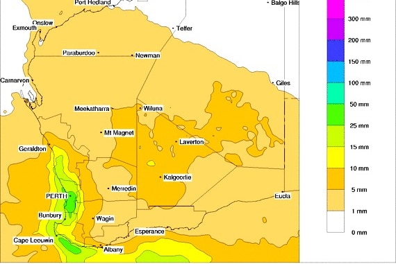 A white map of Western Australia with coloured regions in yellow and green indicating areas of forecast rainfall.