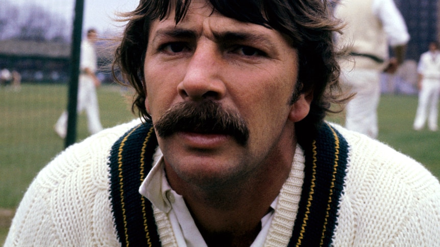 Rod Marsh looks serious in his cricket whites