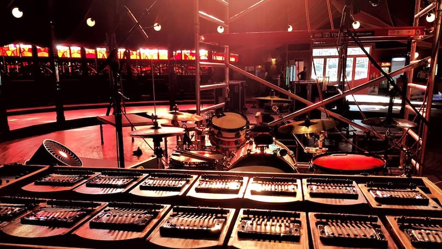 The polymba, as invented by drummer Mick Stuart, set up and ready for a gig.