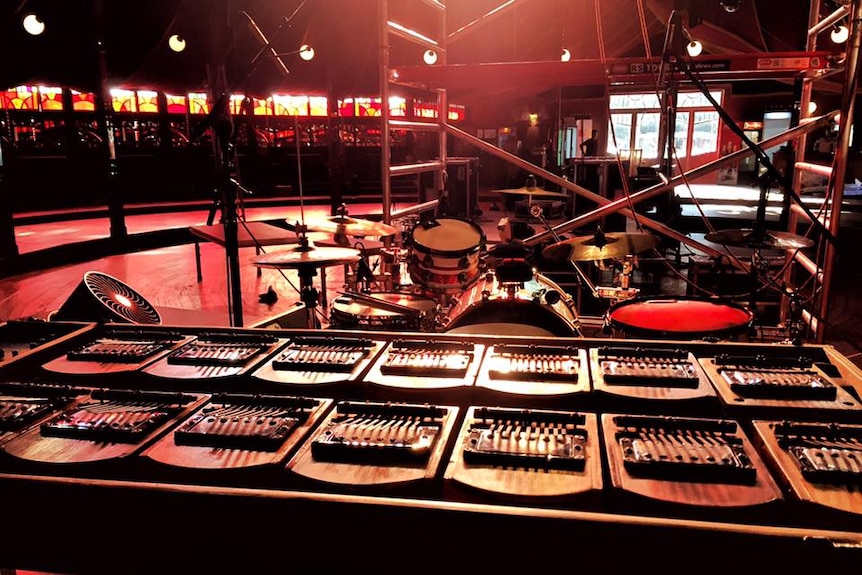 The polymba, as invented by drummer Mick Stuart, set up and ready for a gig.