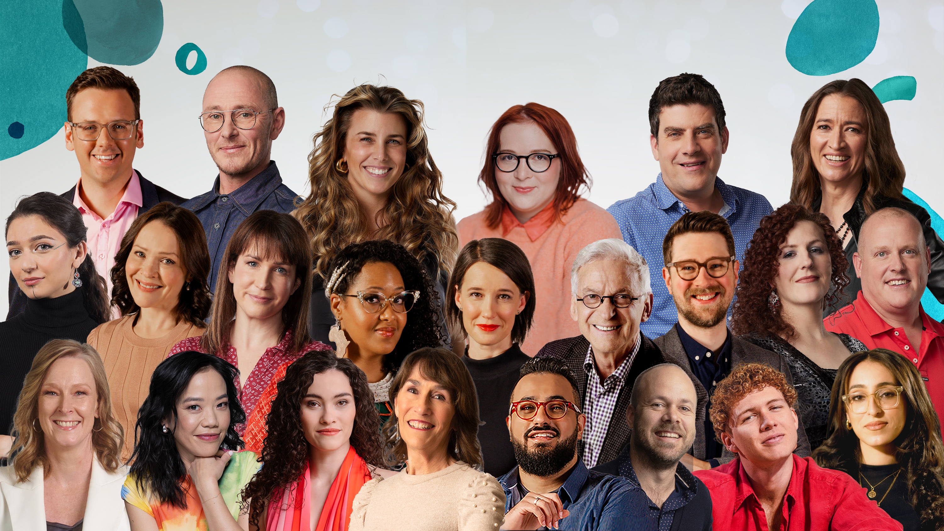 23 ABC Classic presenter photos are composited together in a single image. Blue-toned watercolour music symbols sit behind.