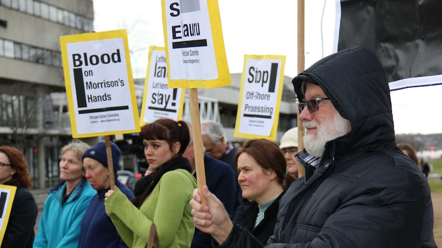 Protesters at the refugee embassy in Belconnen