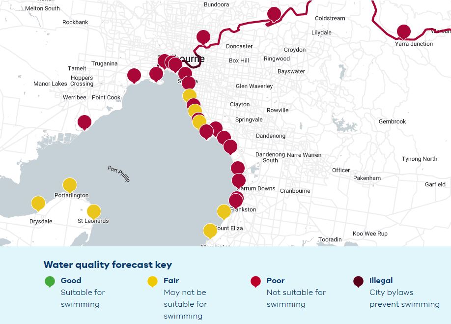 A map of Port Phillip Bay with red dots at beaches where water quality is poor and not suitable for swimming.