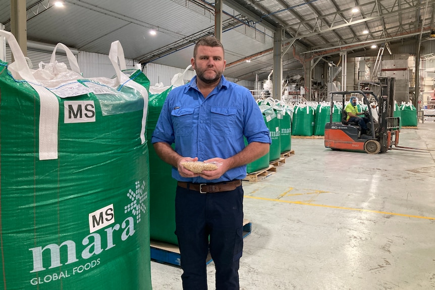 man standing near large green bags of produce, ready for export