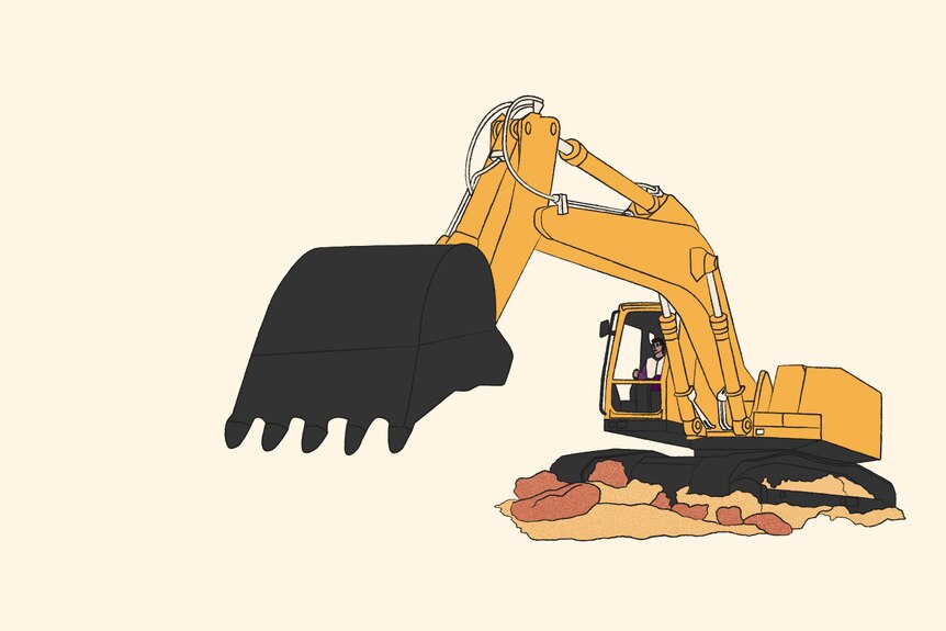 Illustration of 30 year old man sweating in workwear with excavator using background purple and yellow colour tones.
