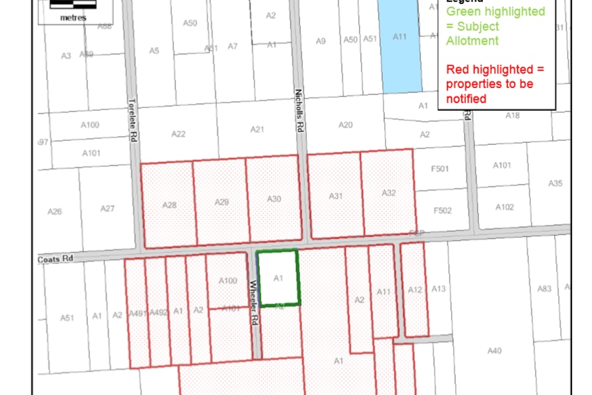 An arial plan of Wheller and Coats Roads and neighbouring properties.