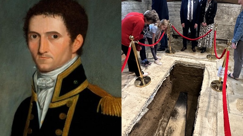 Left is a painting of a man in 17th century English naval dress and right, people looking at a coffin in a hole inside a church