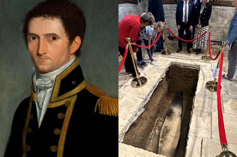Left is a painting of a man in 17th century English naval dress and right, people looking at a coffin in a hole inside a church