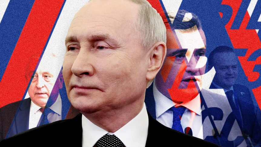 Composite of Vladimir Putin with Nikolay Kharitonov, Leonid Slutsky and Vladislav Davankov in his shadow.