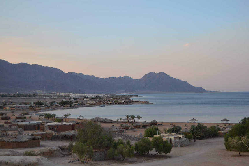 A landscape image of palm trees, hotels and huts on the waterfront, with mountains in the background