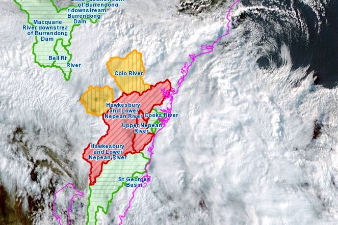 A colour-coded map of flood areas.