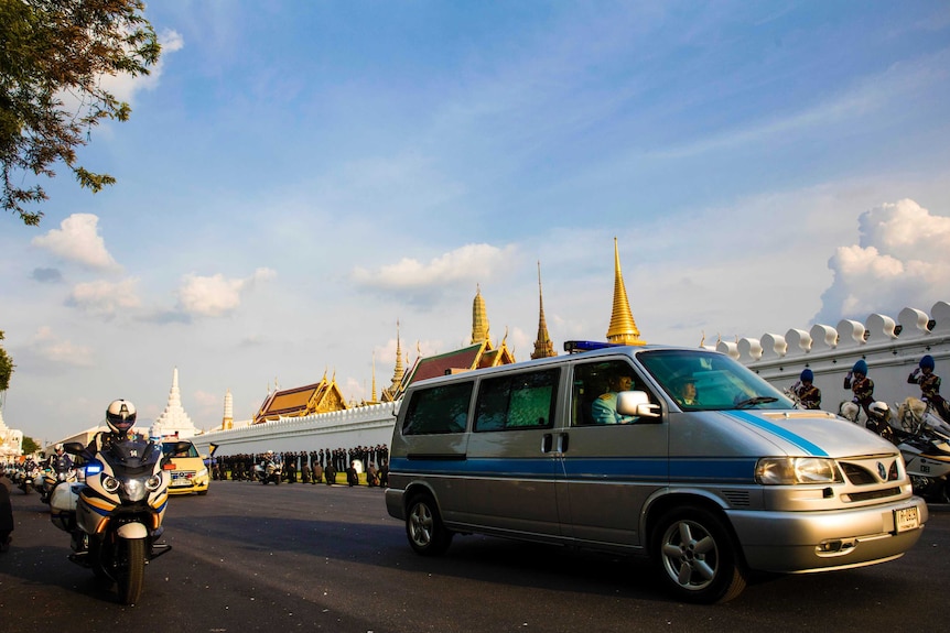 The procession was led by his son and heir apparent Crown Prince Vajiralongkorn in Bangkok.