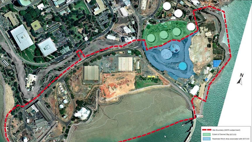 An aerial photograph of the Darwin waterfront precinct with an area marked in green.