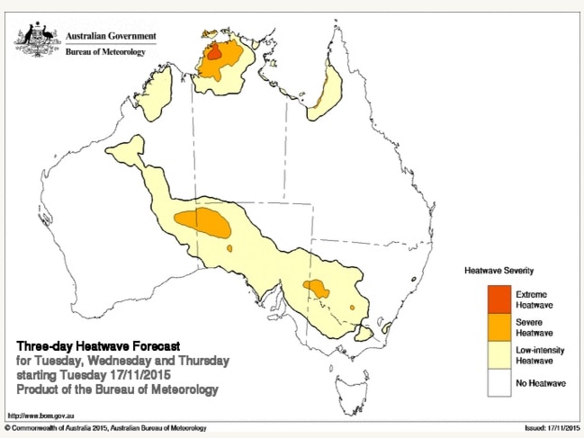 Heatwave forecast map for Tuesday 17-Thu 19 November 2015