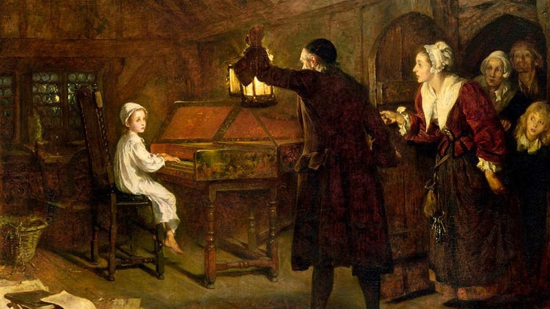 Oil painting of a young Handel composing at the piano by candlelight as adults look on.
