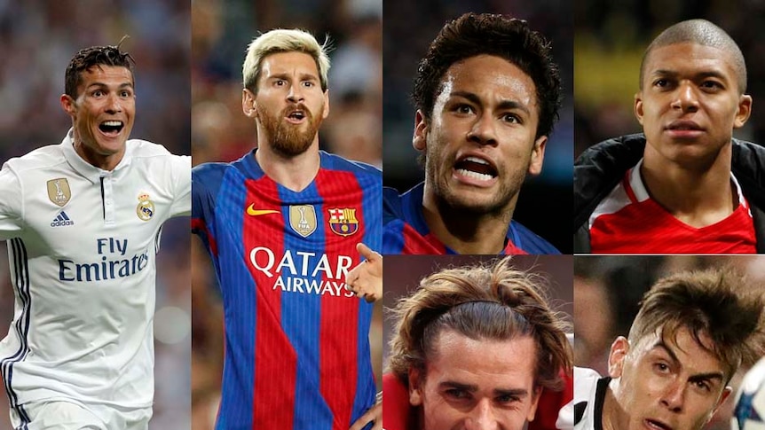 Composite of Cristiano Ronaldo, Lionel Messi, Neymar, Kylian Mbappe, Antoine Griezmann and Paulo Dybala