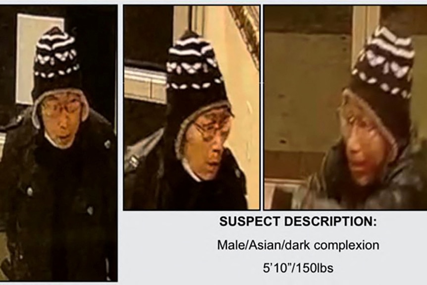 Three still images from surveillance video of an Asian male suspect.