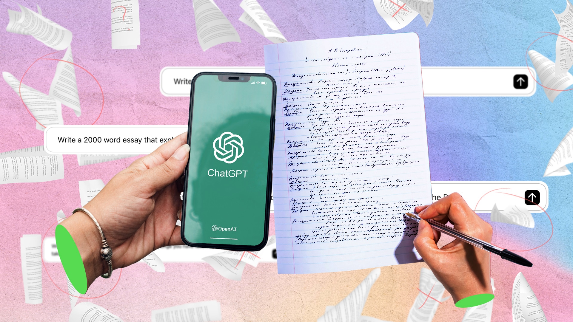 A composite image of a smart phone with ChatGPT on the screen and a hand holding a pen that is writing on paper.