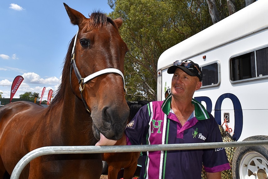 A man stands inside a horse pen next to a standardbred horse.