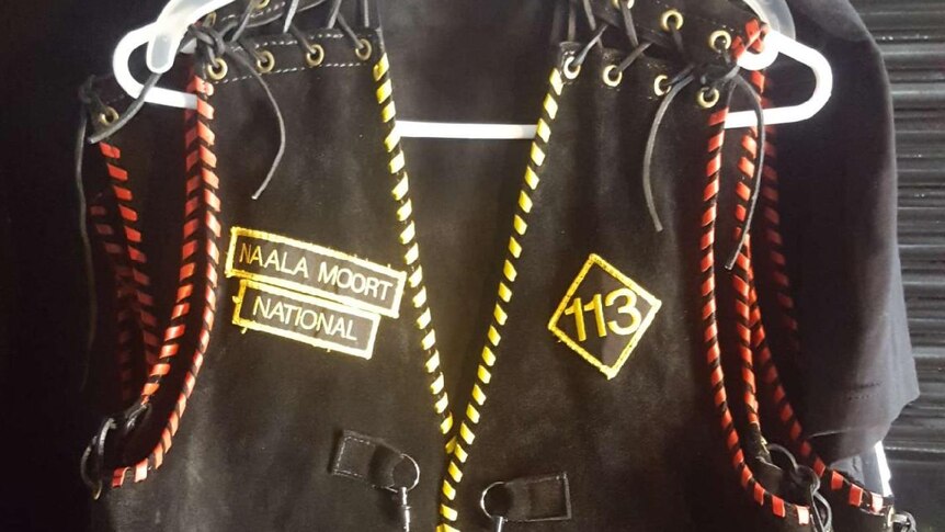 Picture of a leather, sleeveless jacket worn by the Naala Moort group.