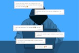 An illustration of a hooded figure at a laptop with whatsapp messages overlaid